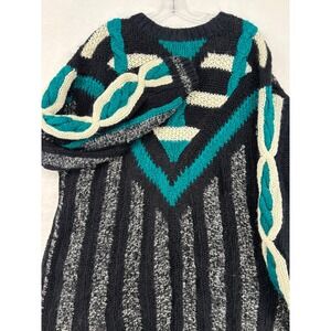 Brad Richards Hand Knitted Sweater XL Black Teal Geometric Cable Knit Vintage